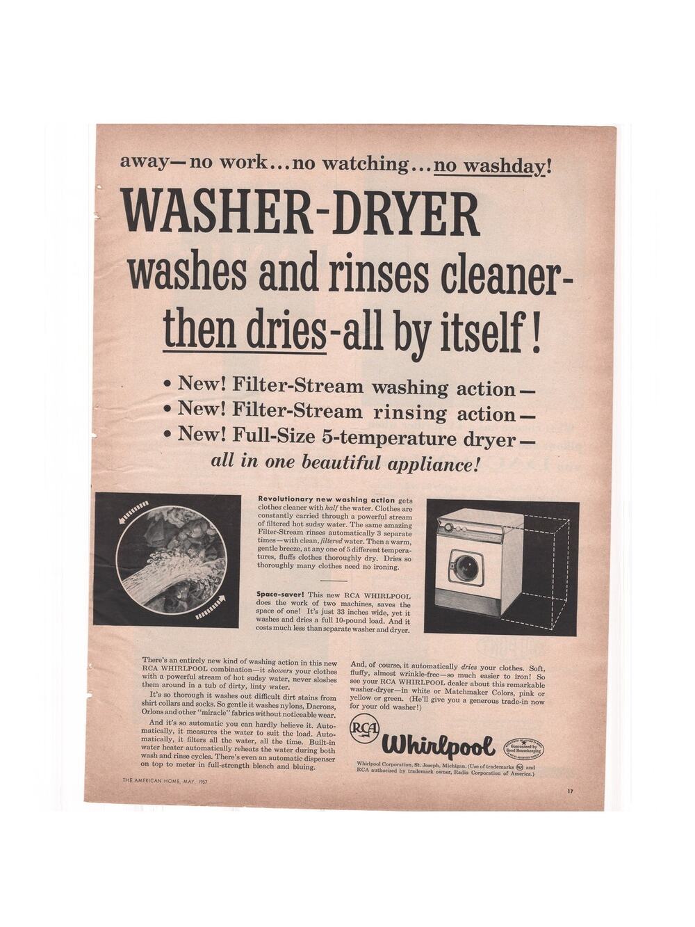 RCA Whirlpool Washer Dryer Magazine Advertisement 1957 Vintage Home Laundry